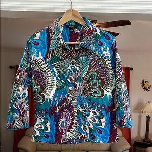 Kaktus Wearable Art Fitted Button Front Colorful Peacock Print Jacket Size L